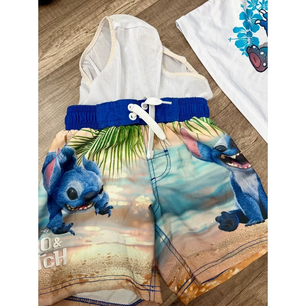 Disney Lilo & Stitch Kids Swim Set Rash Guard & Trunks Blue White Size 4/5